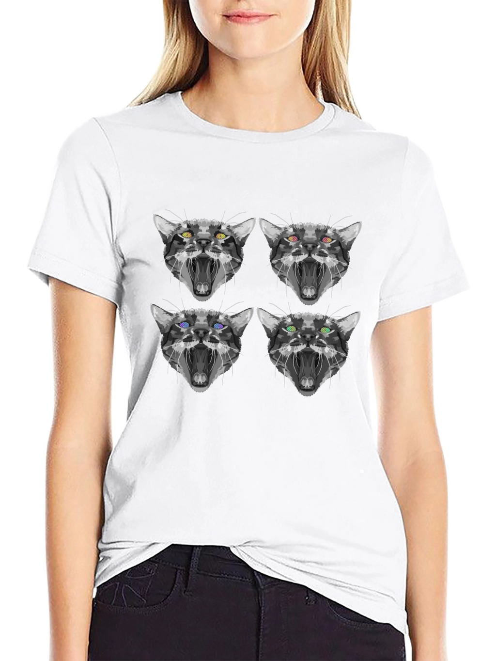 Abstract Cat Face Print Black T-Shirt