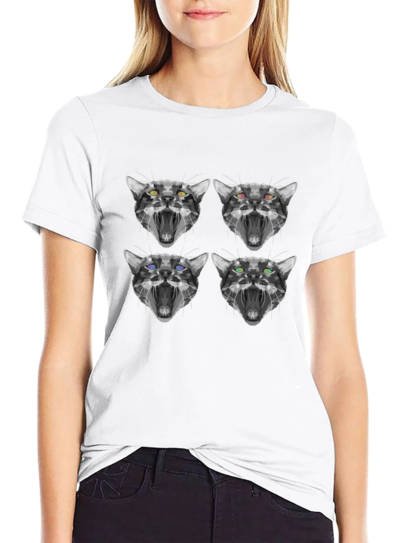 Abstract Cat Face Print Black T-Shirt