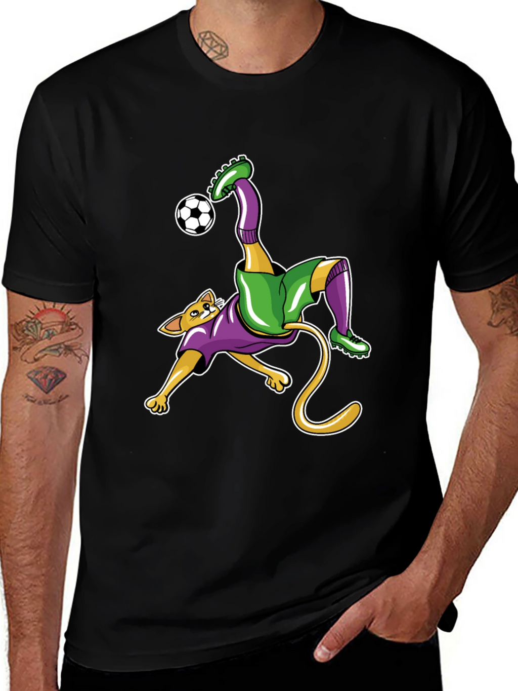 Cat Soccer Player Graphic Tee - Black