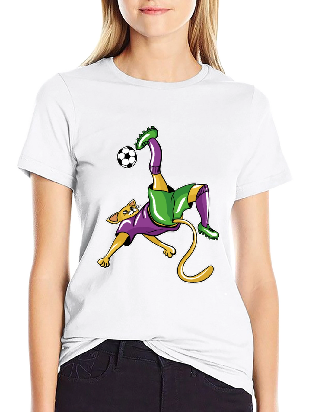 Cat Soccer Player Graphic Tee - Black