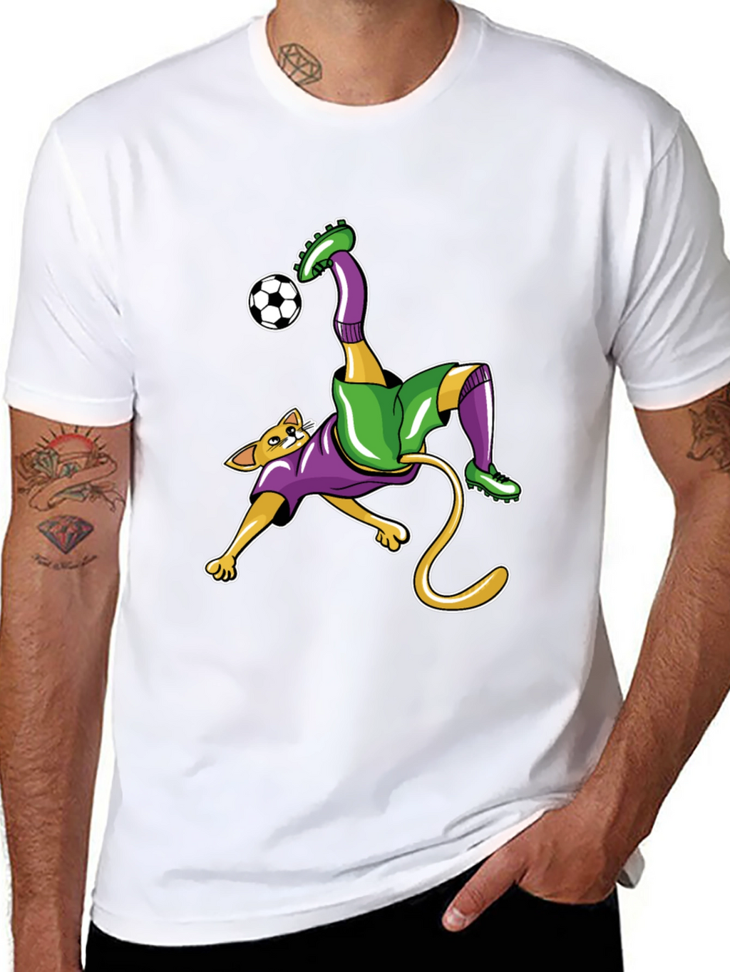 Cat Soccer Player Graphic Tee - Black