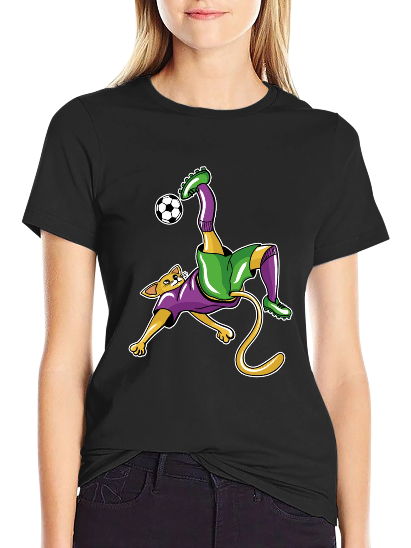 Cat Soccer Player Graphic Tee - Black