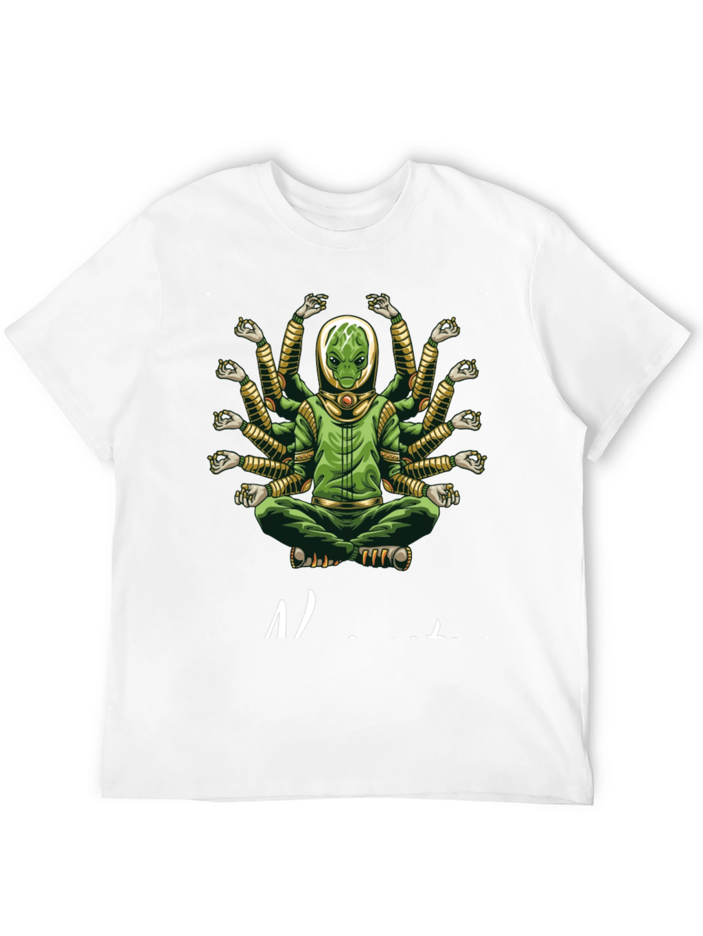 Alien Meditation T-Shirt - Green Multi-Arm Graphic Tee
