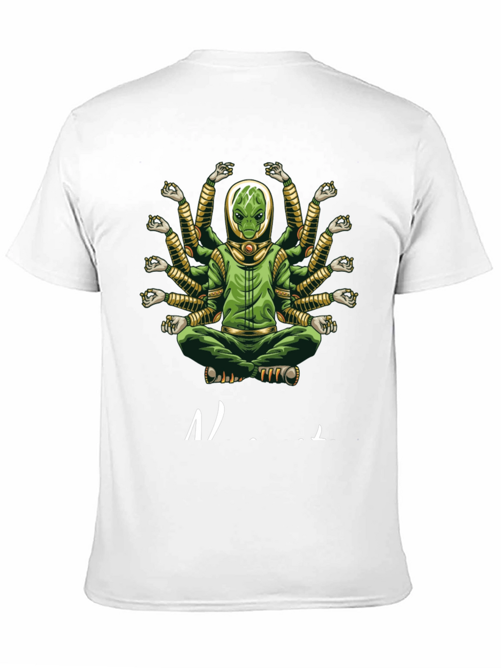 Alien Meditation T-Shirt - Green Multi-Arm Graphic Tee