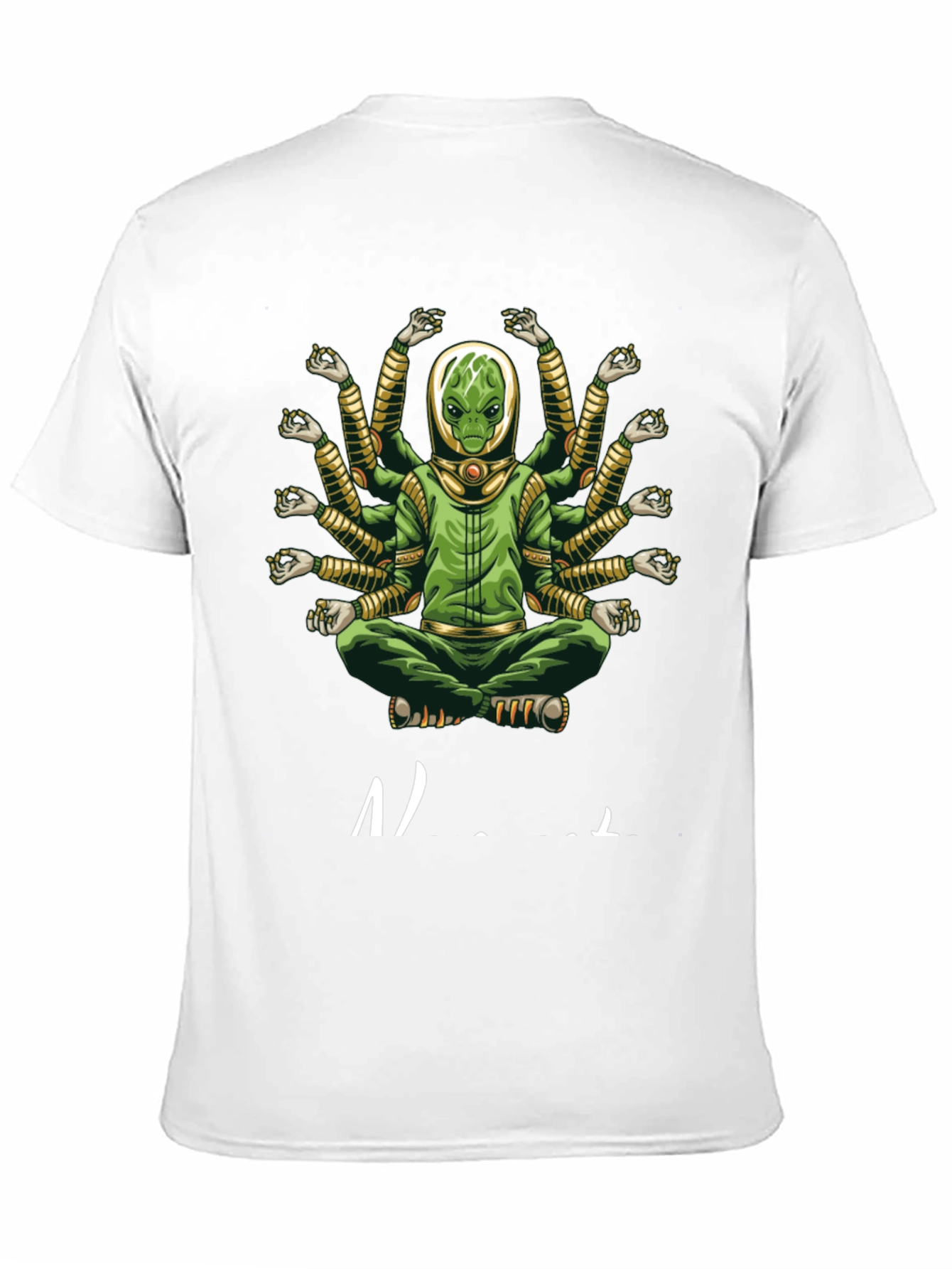 Alien Meditation T-Shirt - Green Multi-Arm Graphic Tee