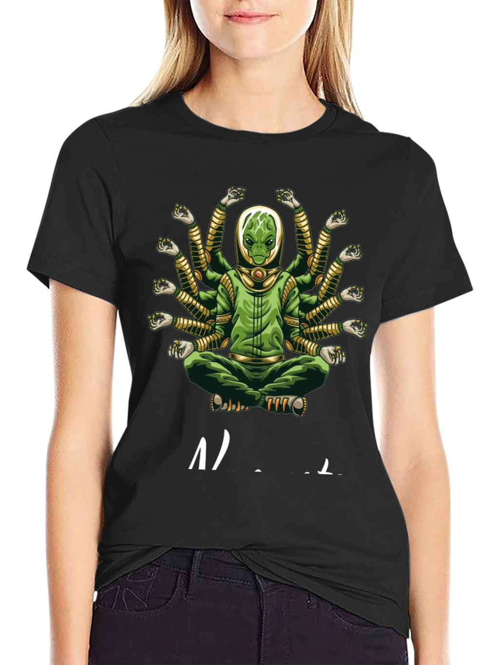 Alien Meditation T-Shirt - Green Multi-Arm Graphic Tee