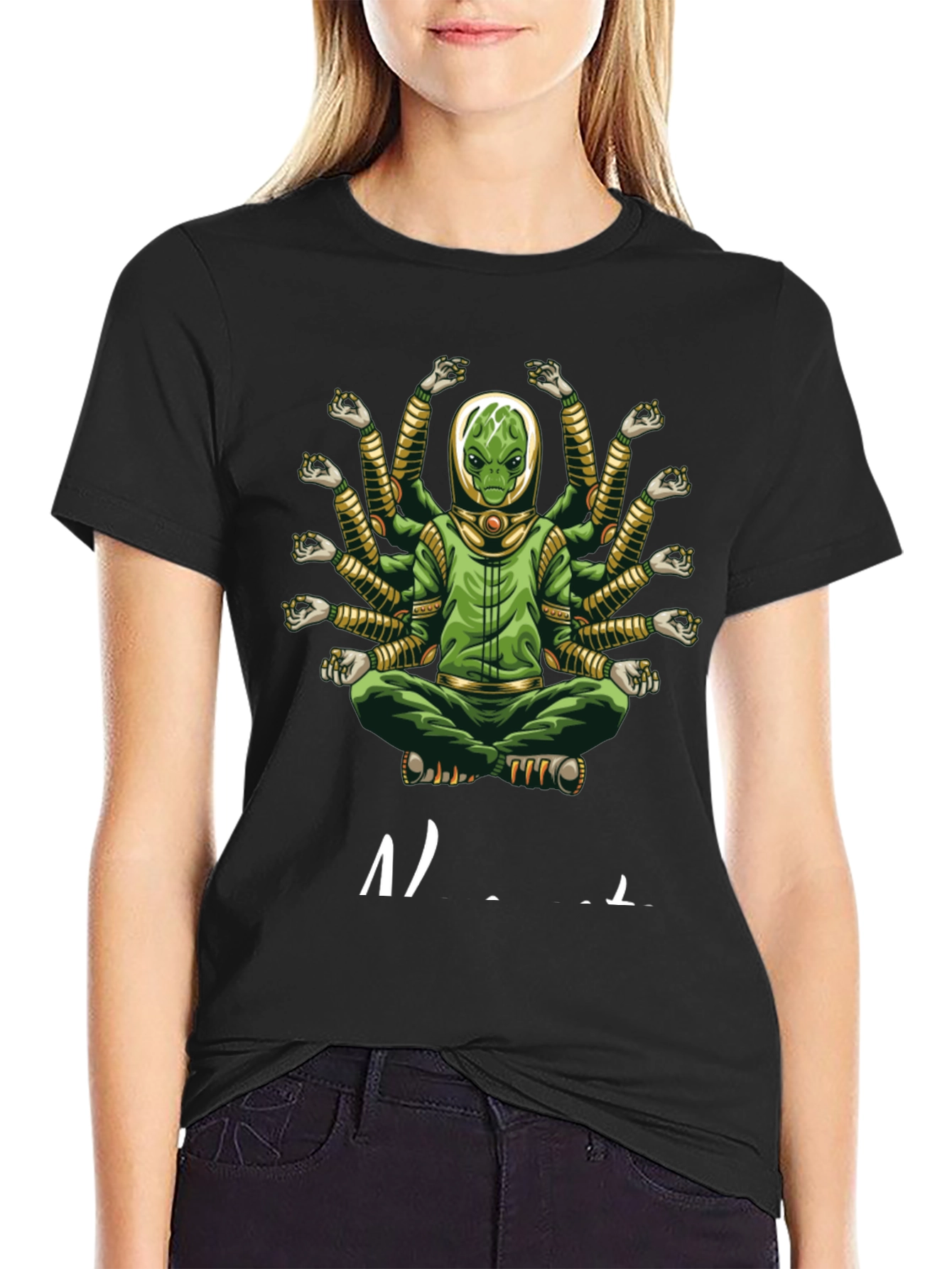 Alien Meditation T-Shirt - Green Multi-Arm Graphic Tee