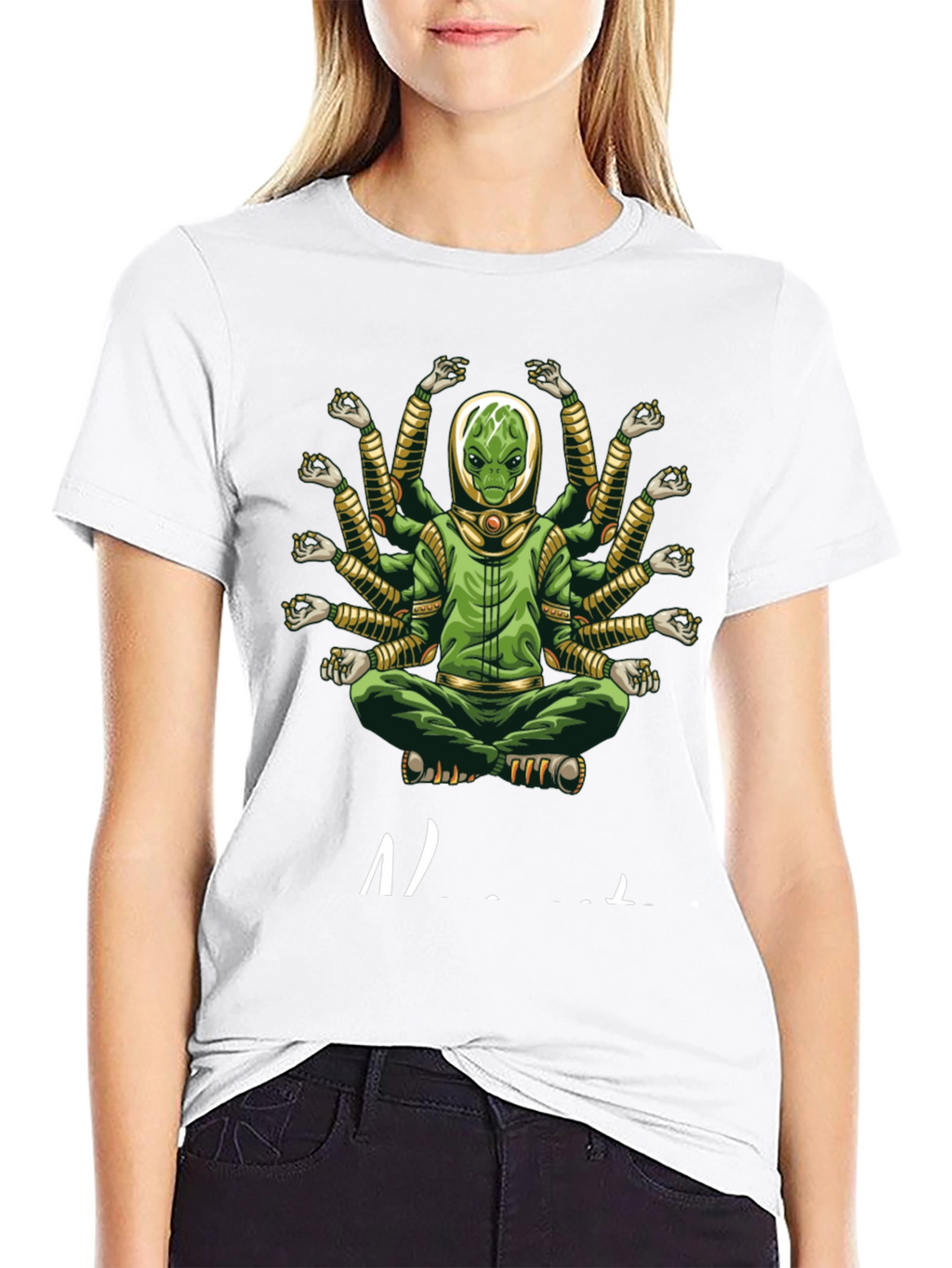 Alien Meditation T-Shirt - Green Multi-Arm Graphic Tee
