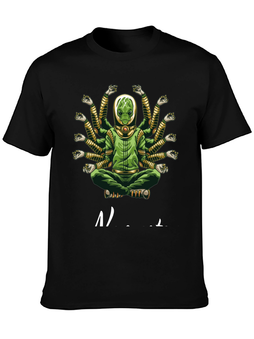 Alien Meditation T-Shirt - Green Multi-Arm Graphic Tee