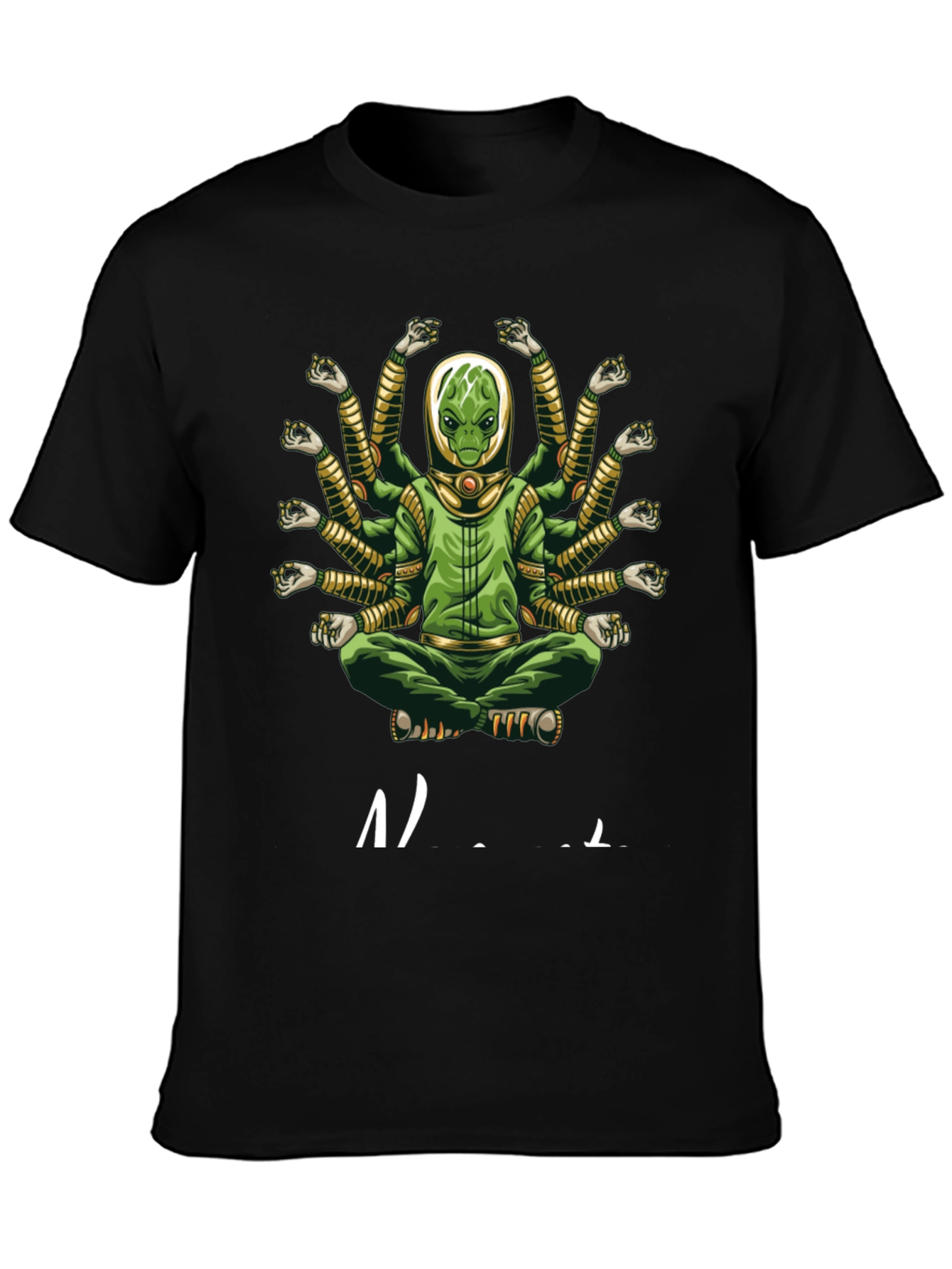 Alien Meditation T-Shirt - Green Multi-Arm Graphic Tee