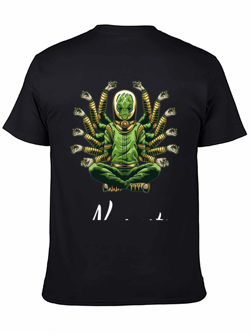 Alien Meditation T-Shirt - Green Multi-Arm Graphic Tee