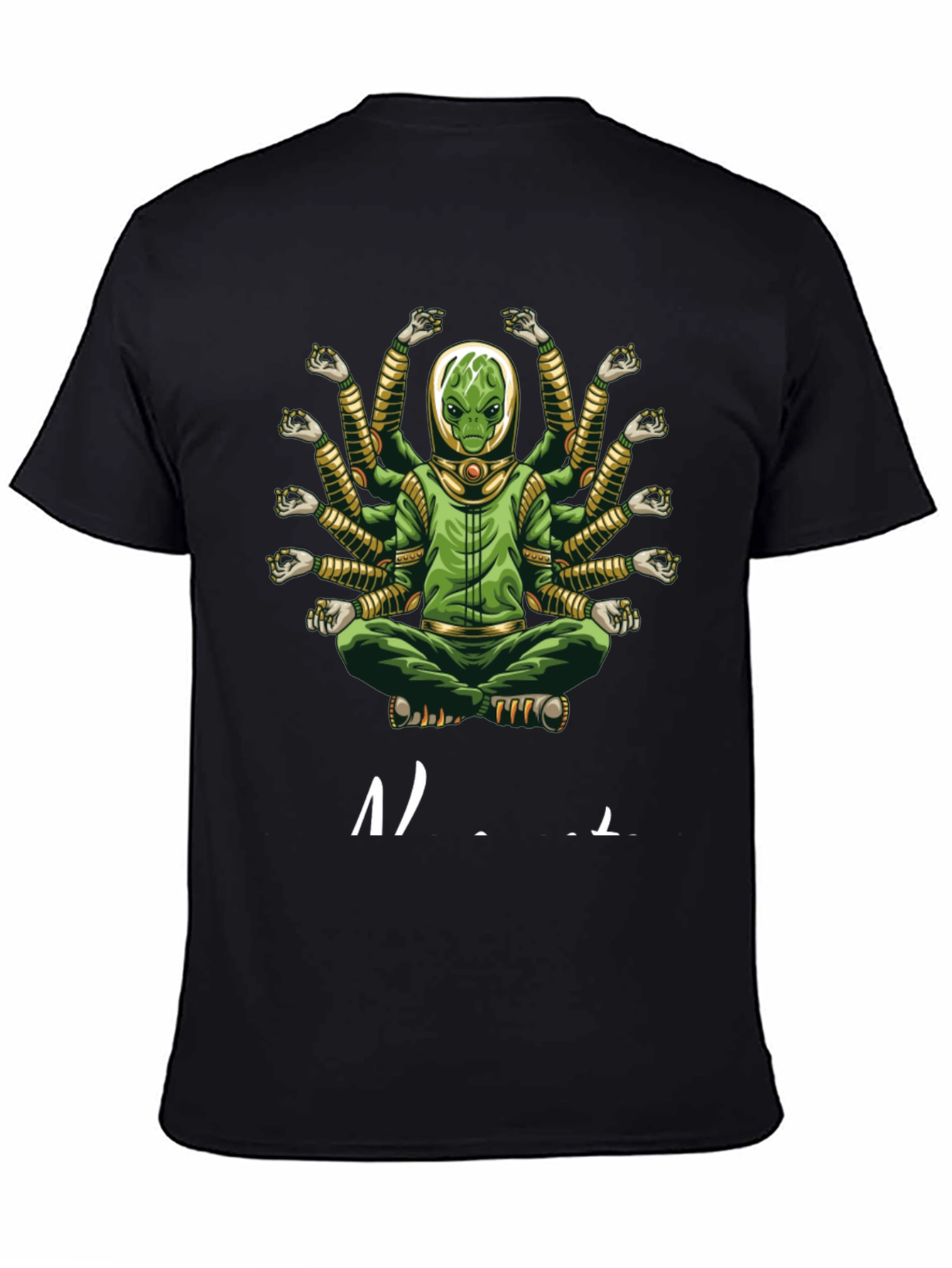 Alien Meditation T-Shirt - Green Multi-Arm Graphic Tee