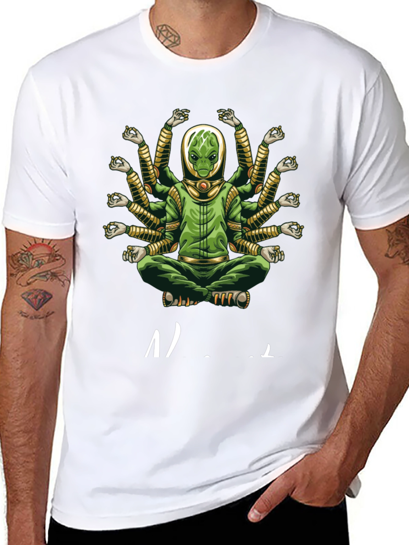 Alien Meditation T-Shirt - Green Multi-Arm Graphic Tee