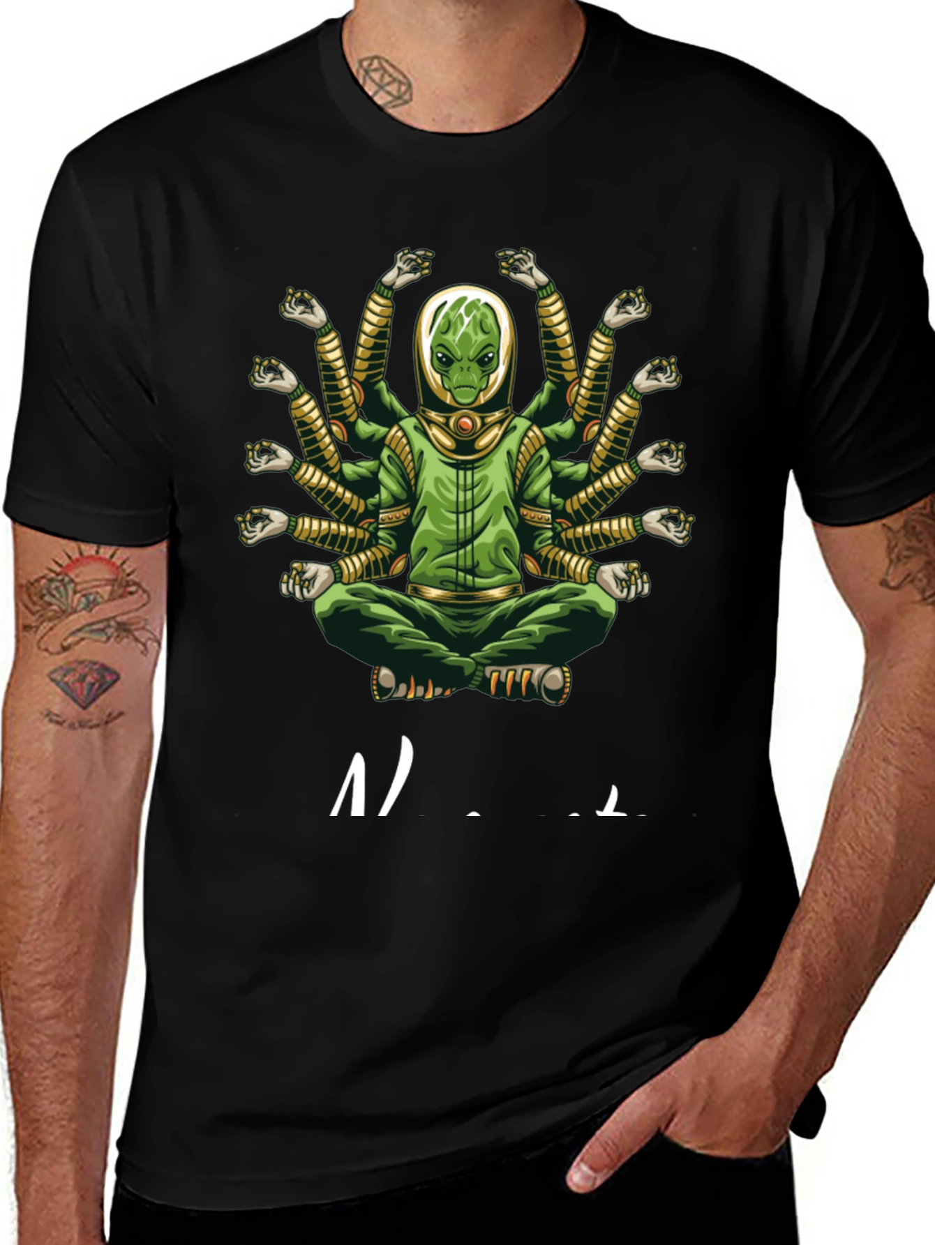 Alien Meditation T-Shirt - Green Multi-Arm Graphic Tee
