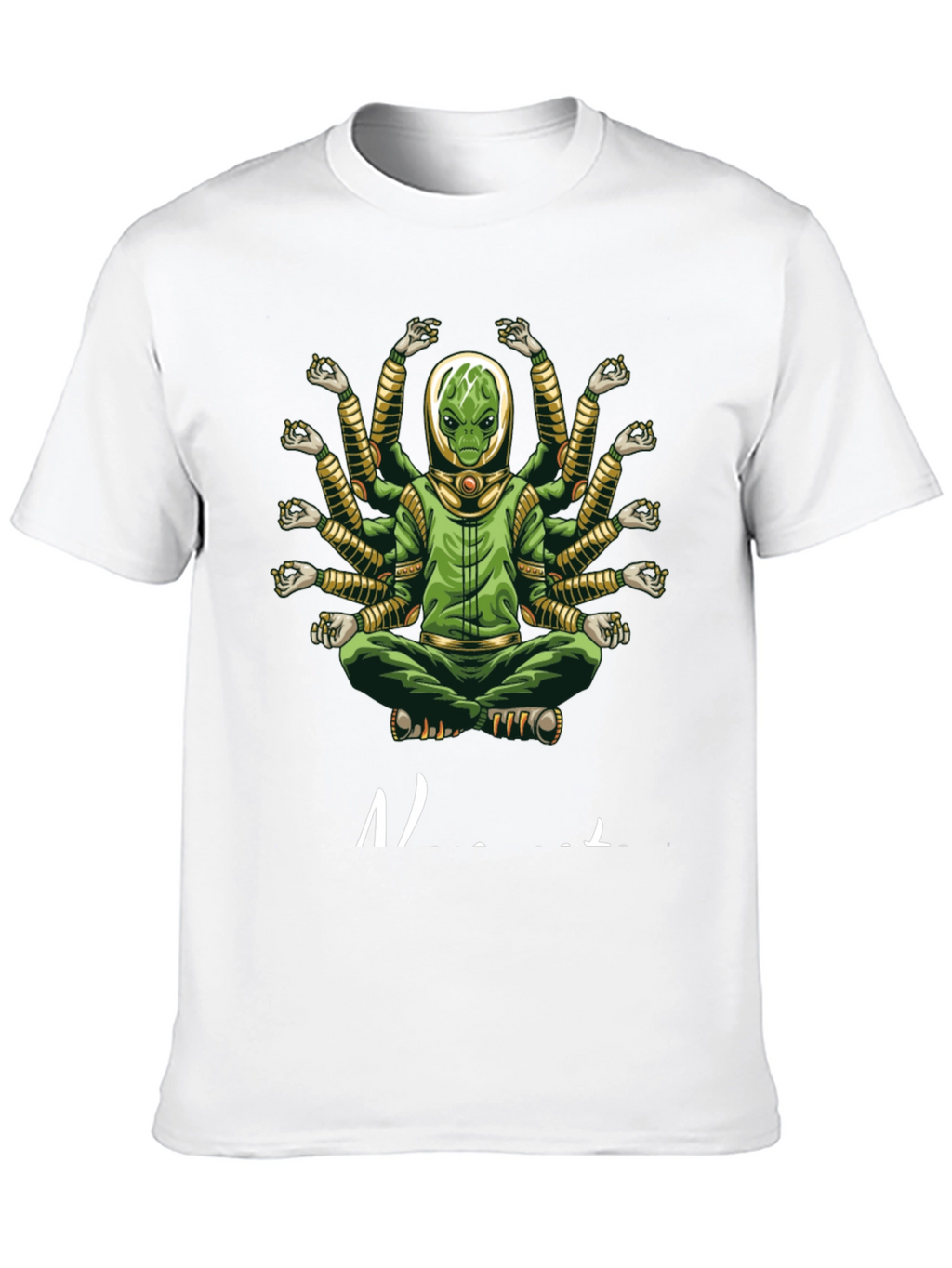 Alien Meditation T-Shirt - Green Multi-Arm Graphic Tee
