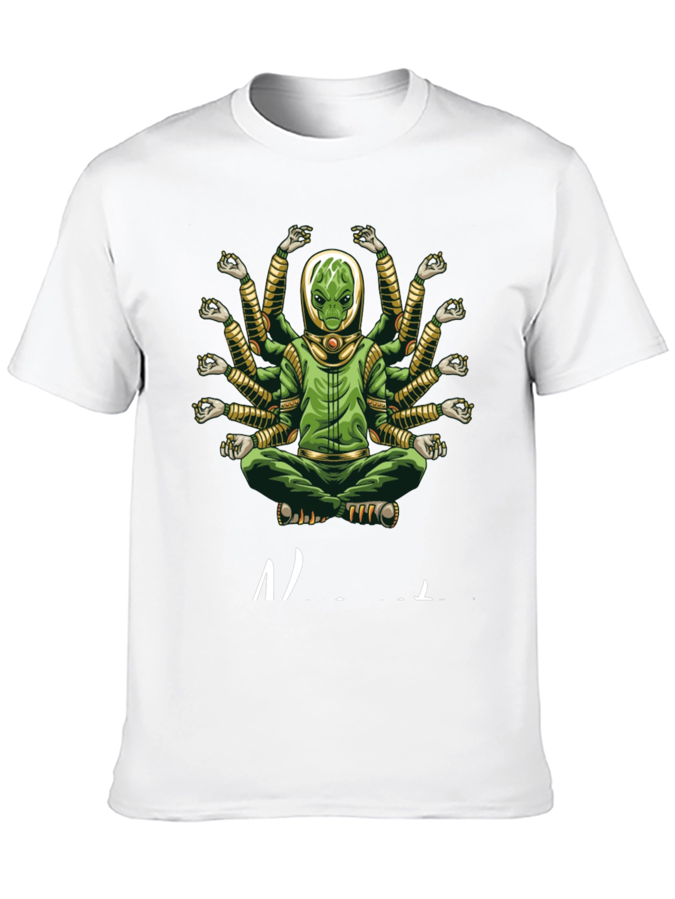 Alien Meditation T-Shirt - Green Multi-Arm Graphic Tee