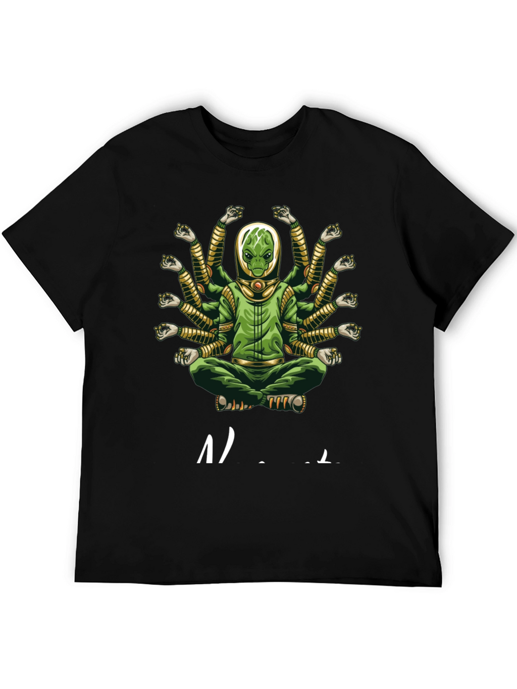 Alien Meditation T-Shirt - Green Multi-Arm Graphic Tee