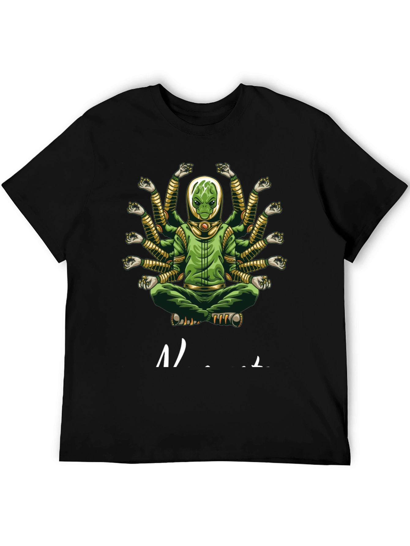 Alien Meditation T-Shirt - Green Multi-Arm Graphic Tee