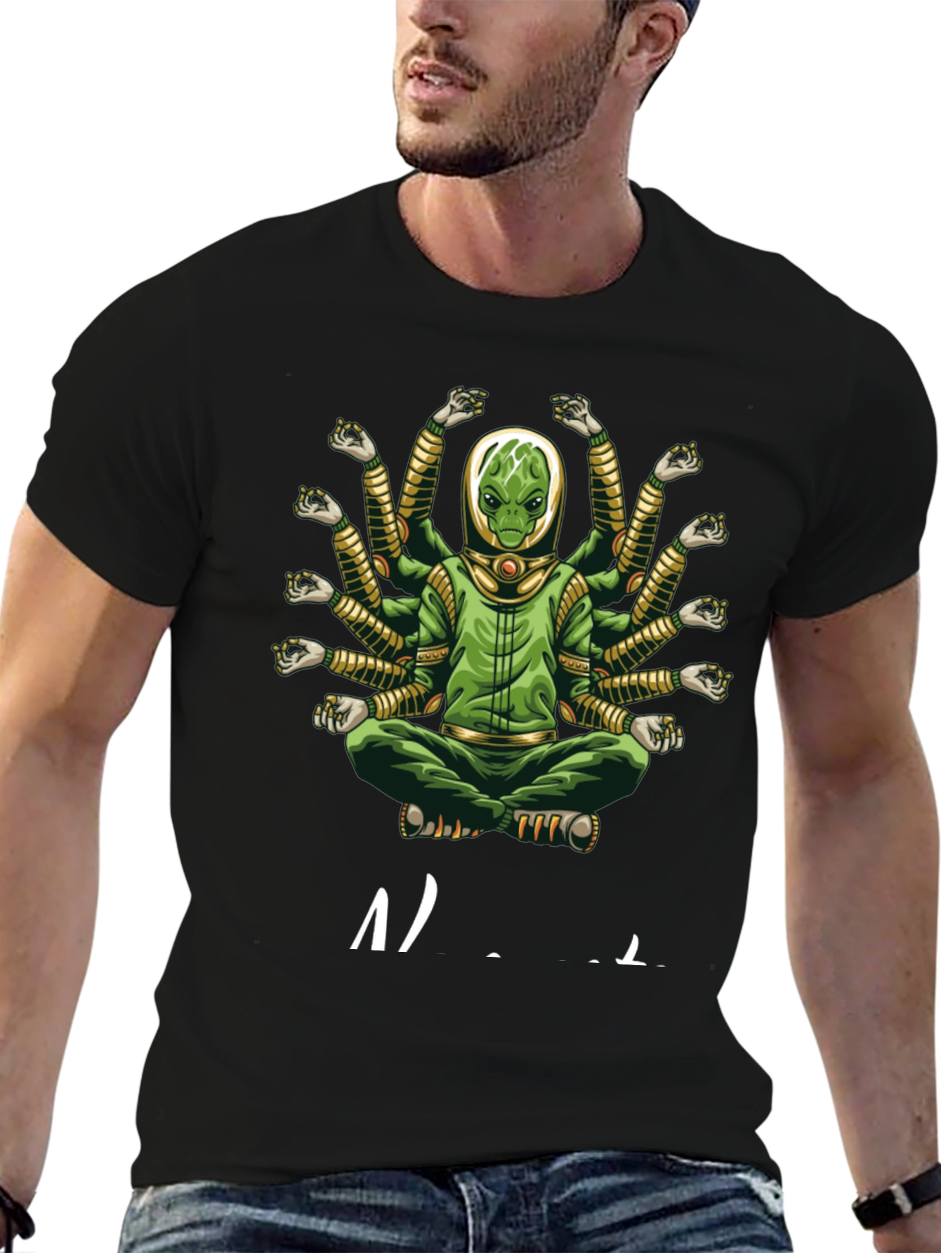 Alien Meditation T-Shirt - Green Multi-Arm Graphic Tee