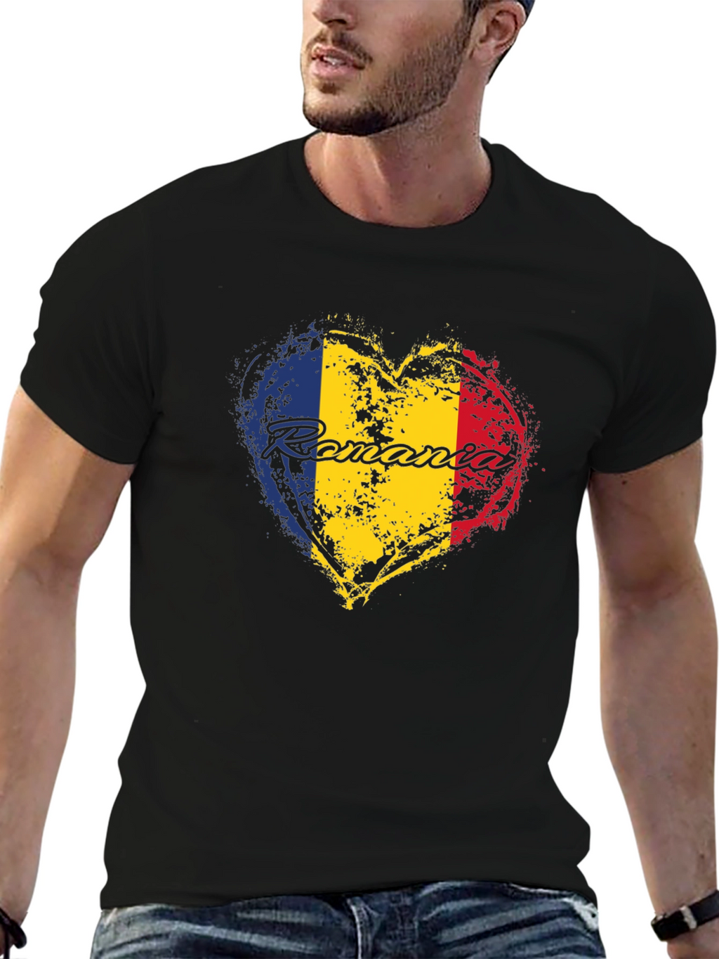 Romania Flag Heart T-Shirt - Black