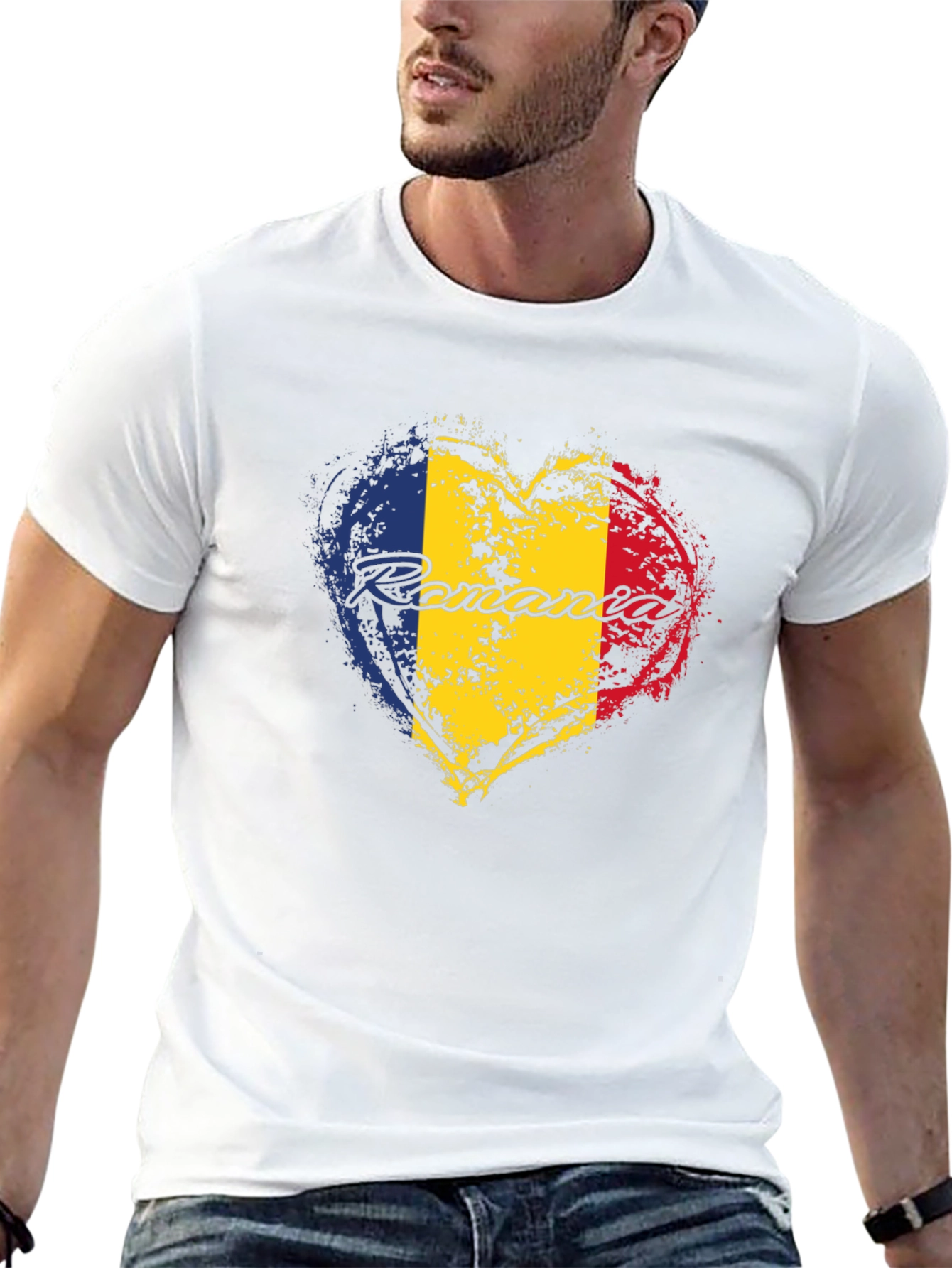 Romania Flag Heart T-Shirt - Black