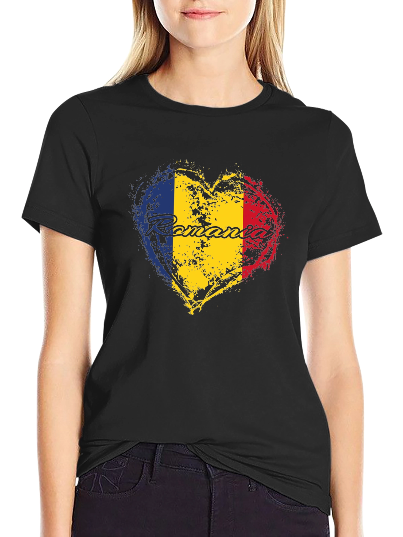 Romania Flag Heart T-Shirt - Black