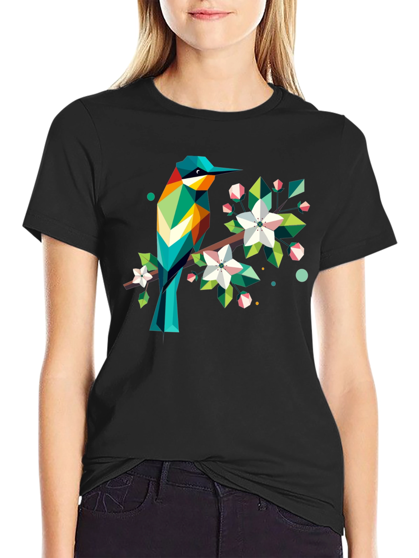 Geometric Bird Print Black T-Shirt