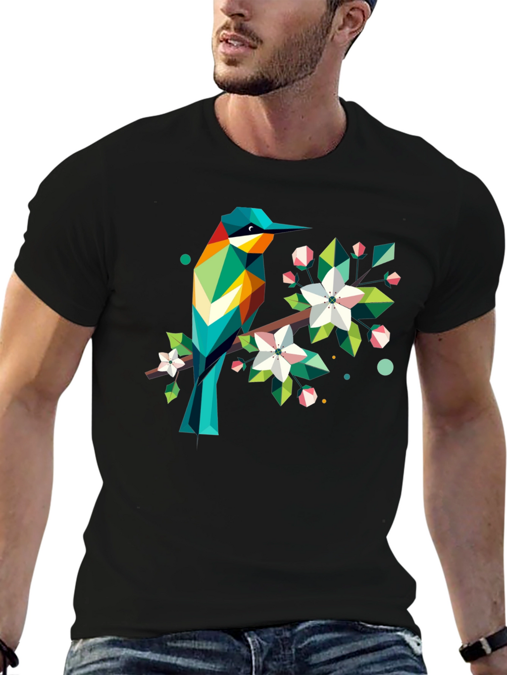 Geometric Bird Print Black T-Shirt