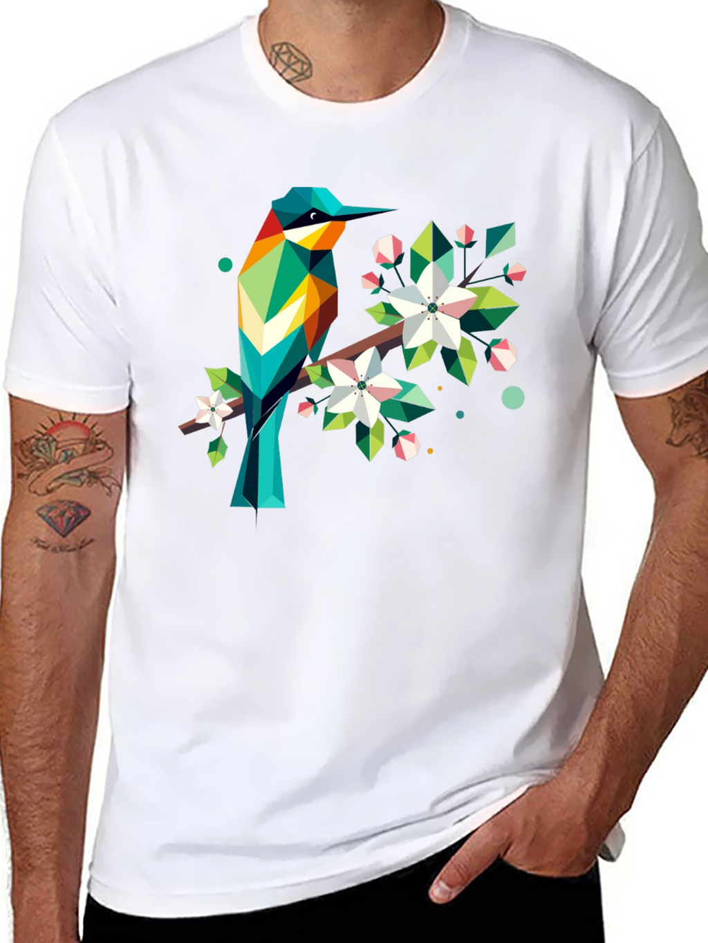 Geometric Bird Print Black T-Shirt