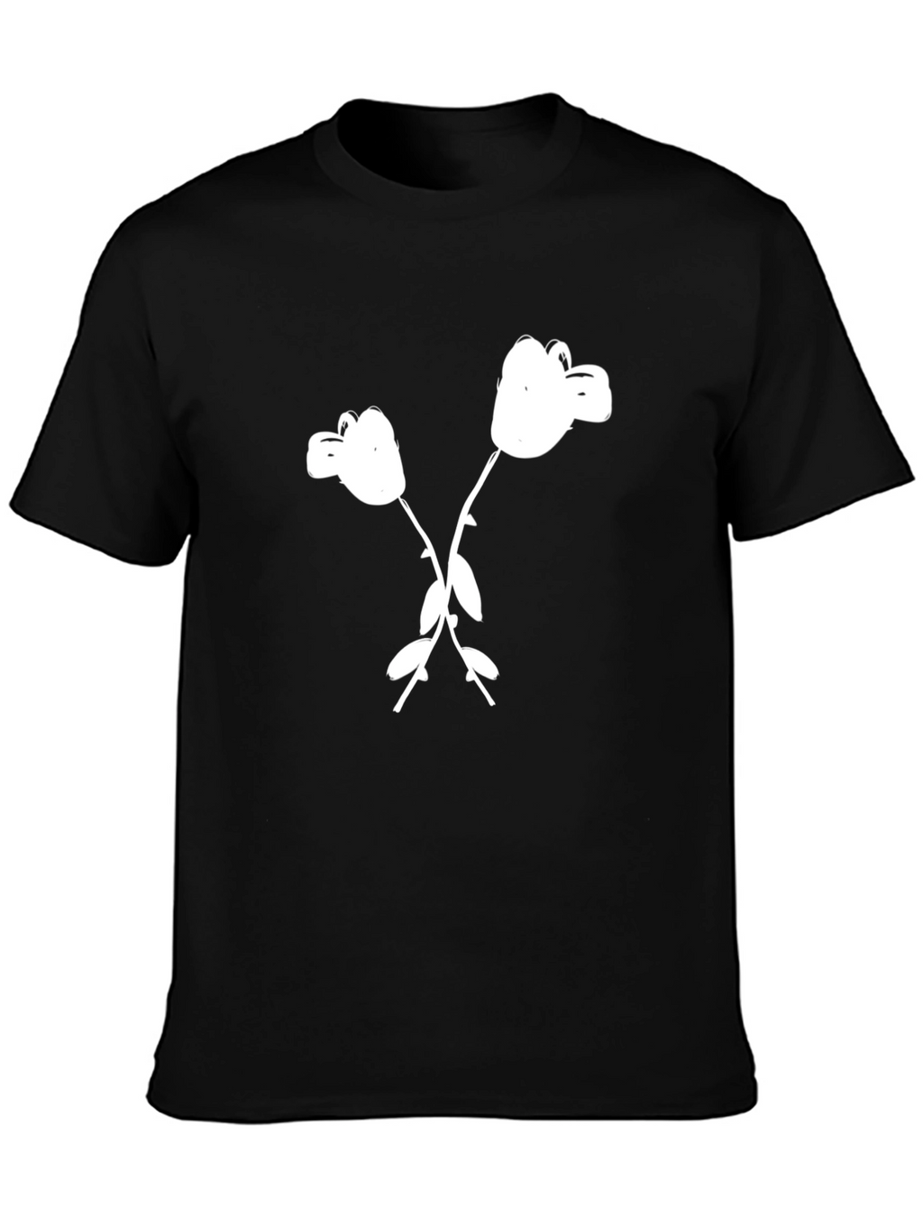 Black T-Shirt with White Cartoon Flower Graphic