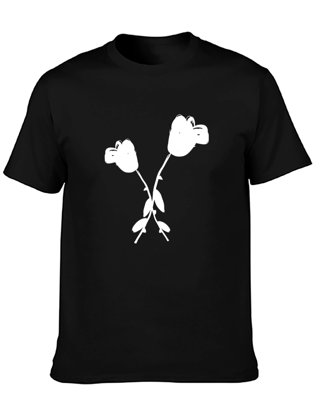 Black T-Shirt with White Cartoon Flower Graphic