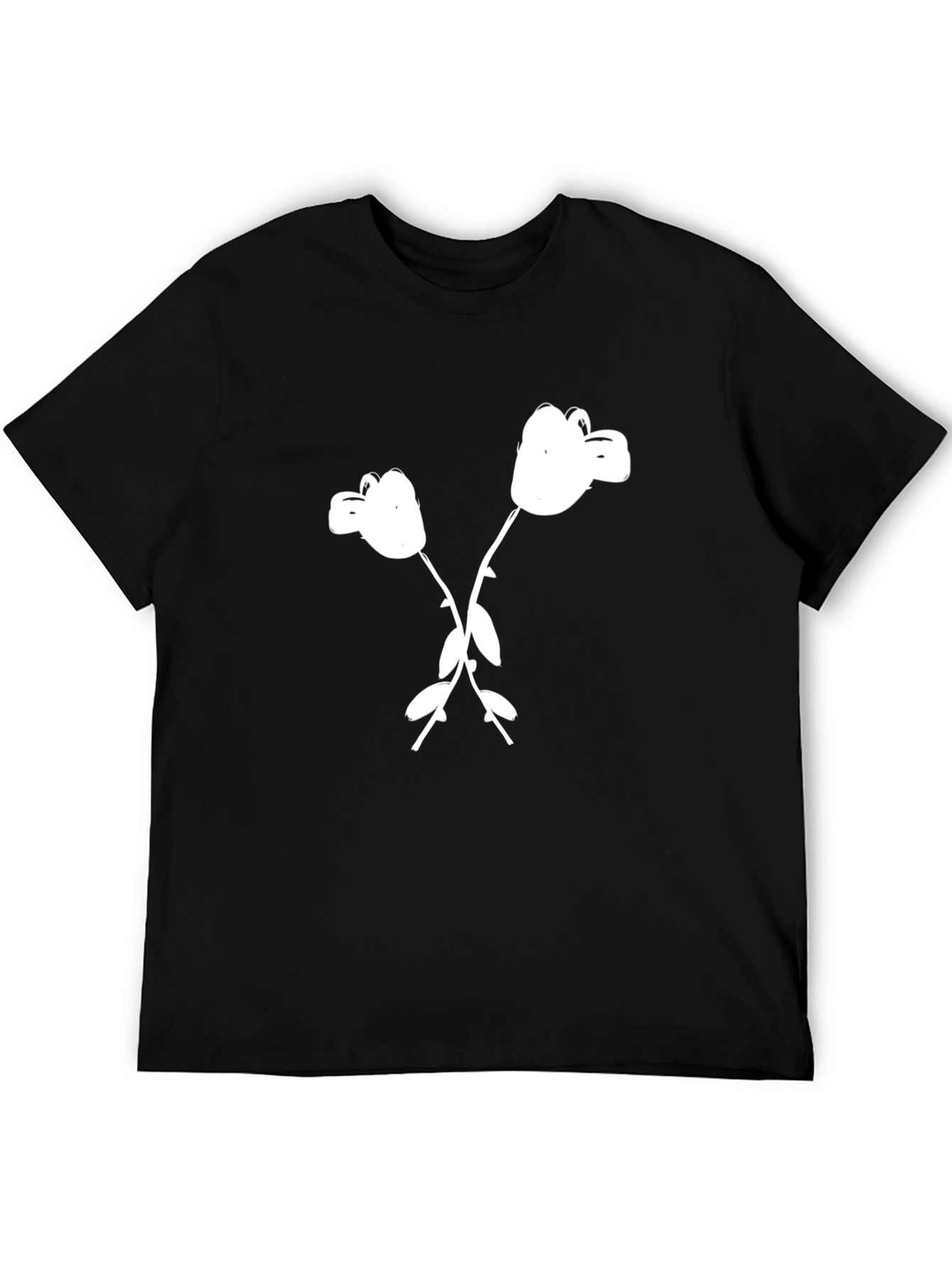 Black T-Shirt with White Cartoon Flower Graphic
