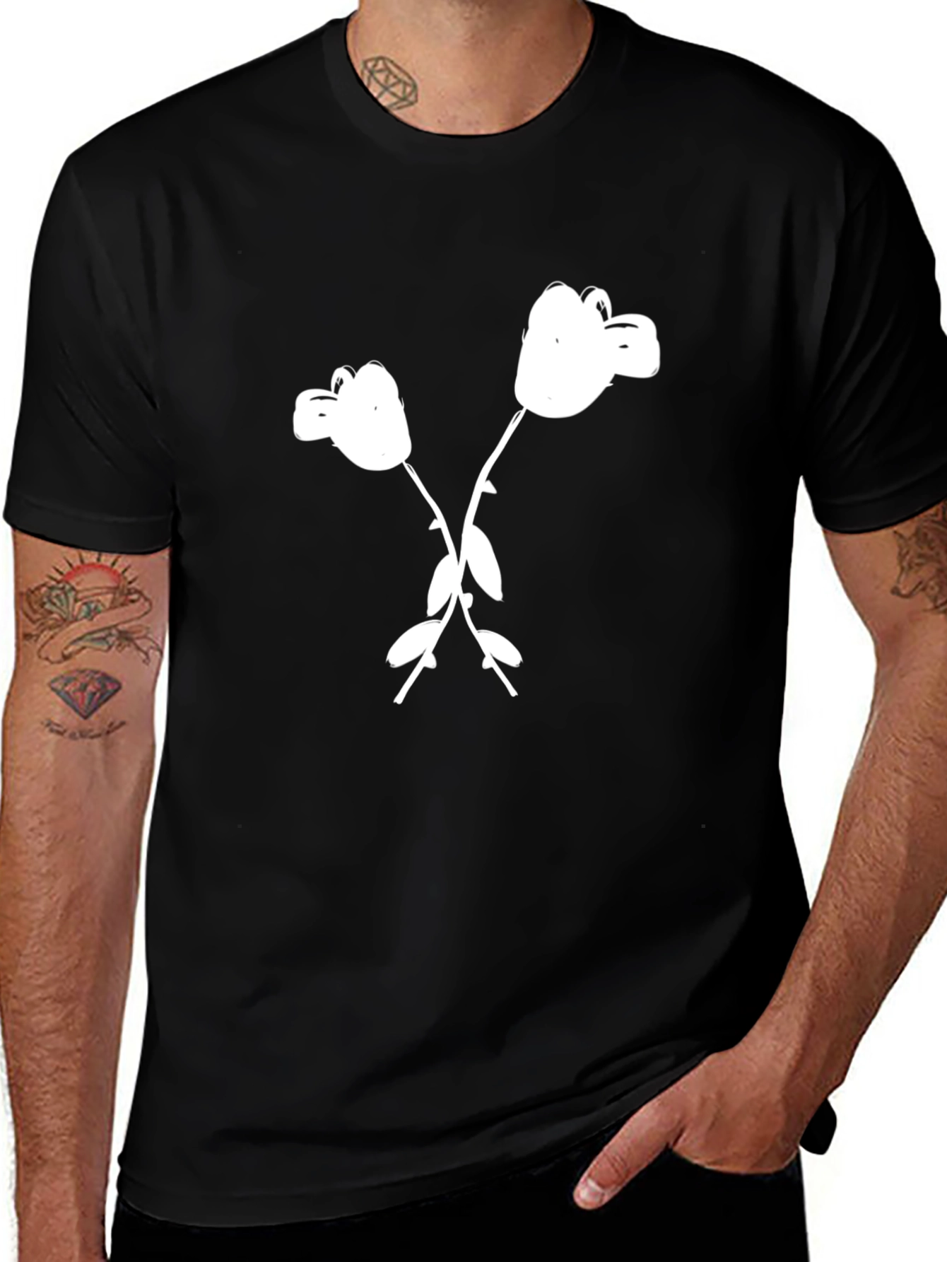 Black T-Shirt with White Cartoon Flower Graphic