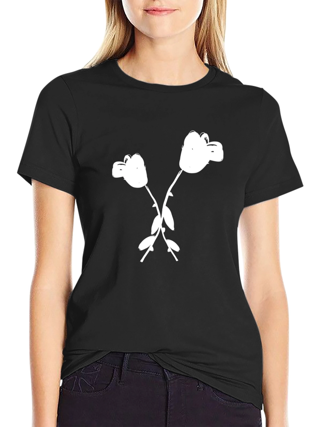 Black T-Shirt with White Cartoon Flower Graphic