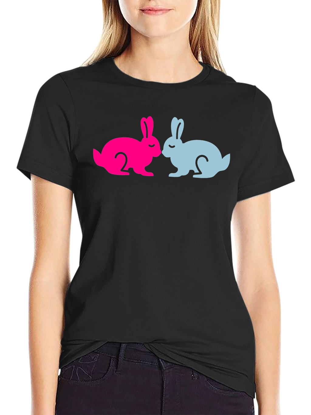 Cute Bunny Silhouette Graphic Tee - Black Cotton Blend