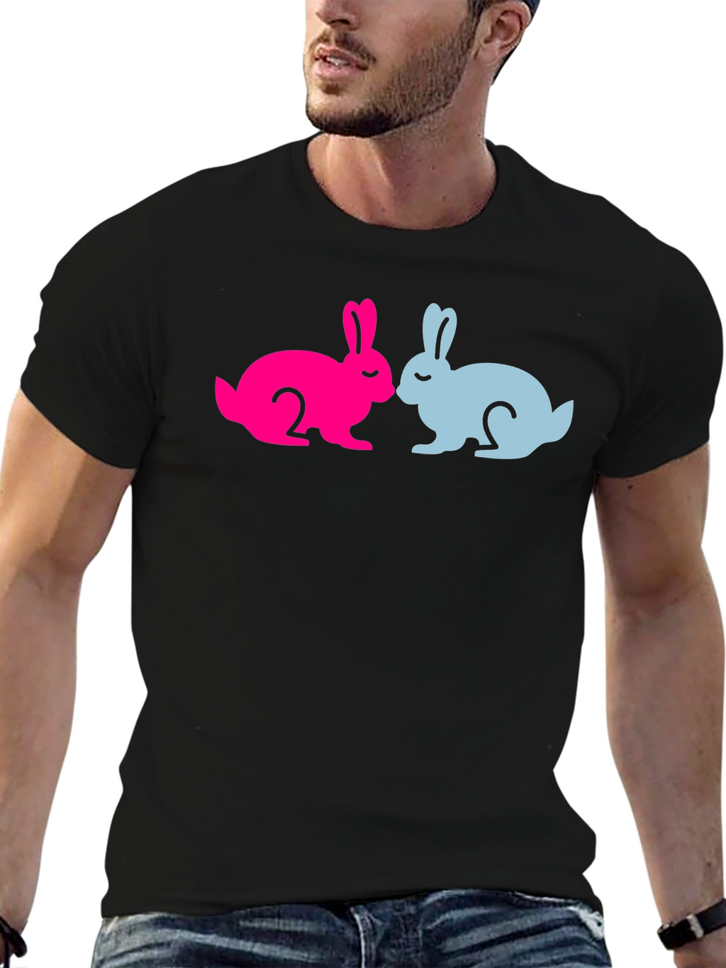 Cute Bunny Silhouette Graphic Tee - Black Cotton Blend