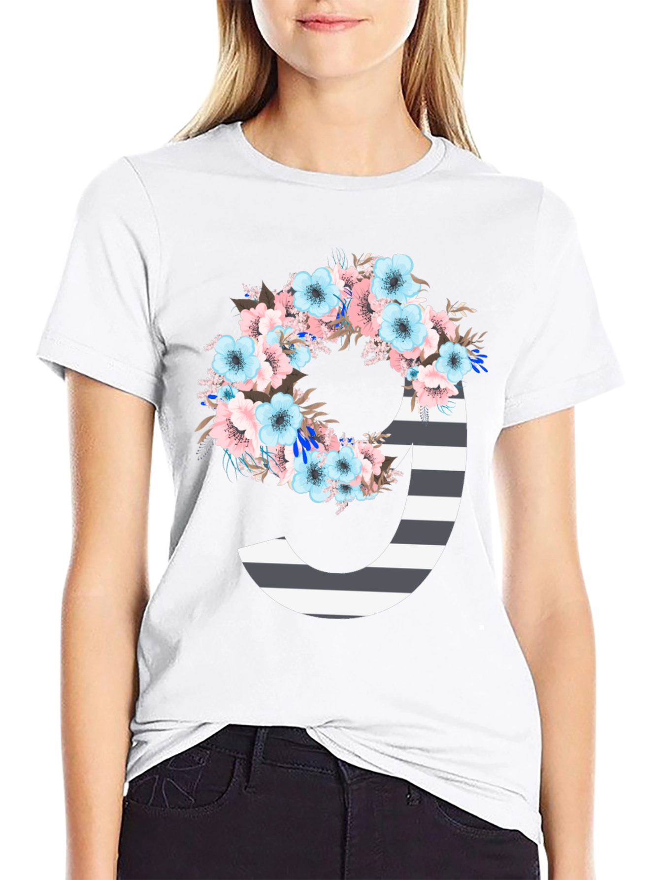 Floral Striped Initial J T-Shirt