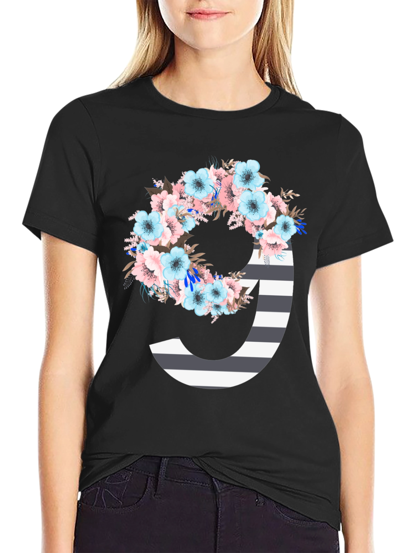 Floral Striped Initial J T-Shirt
