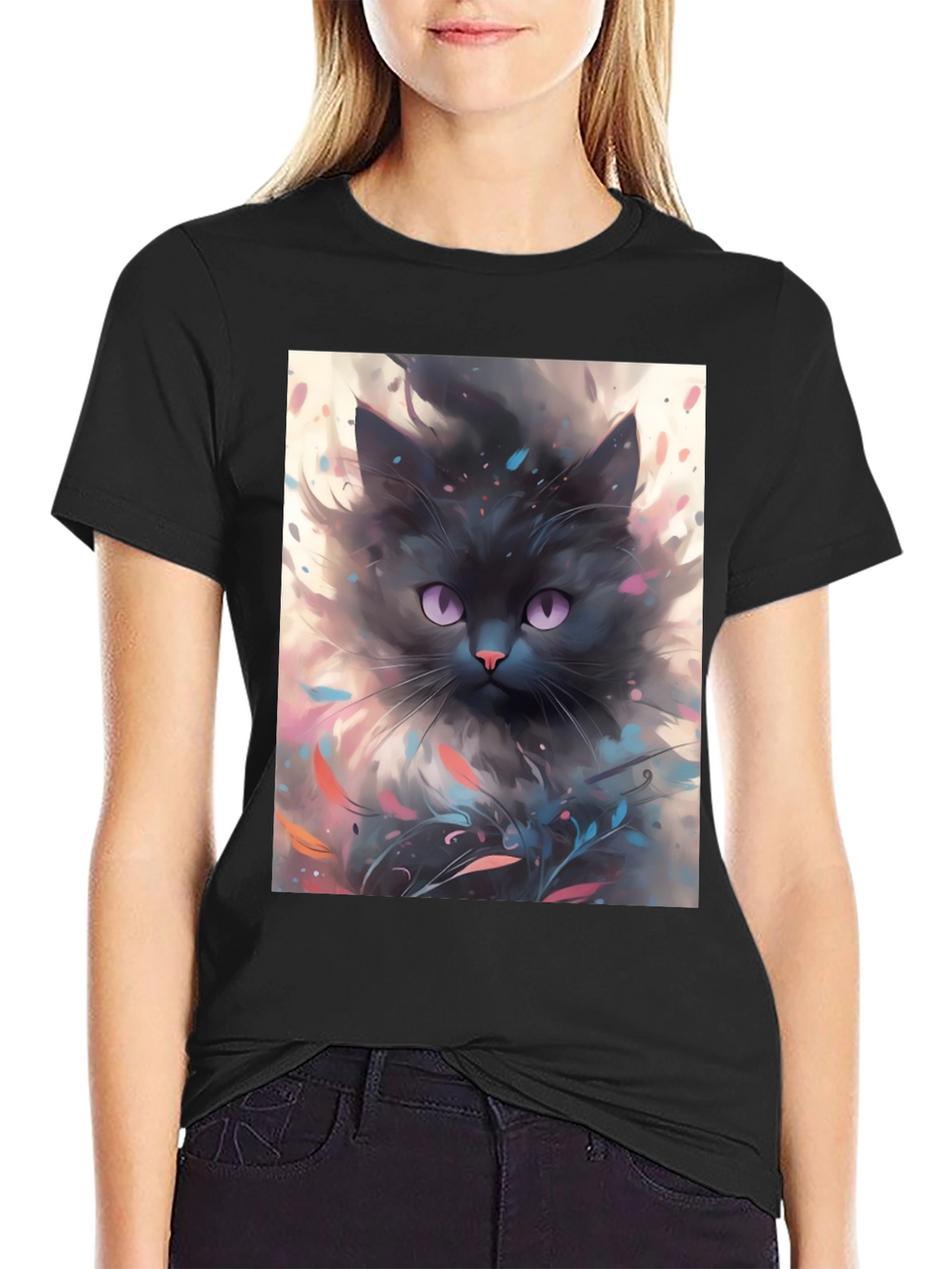 Black Cat T-Shirt - Artsy Feline Design