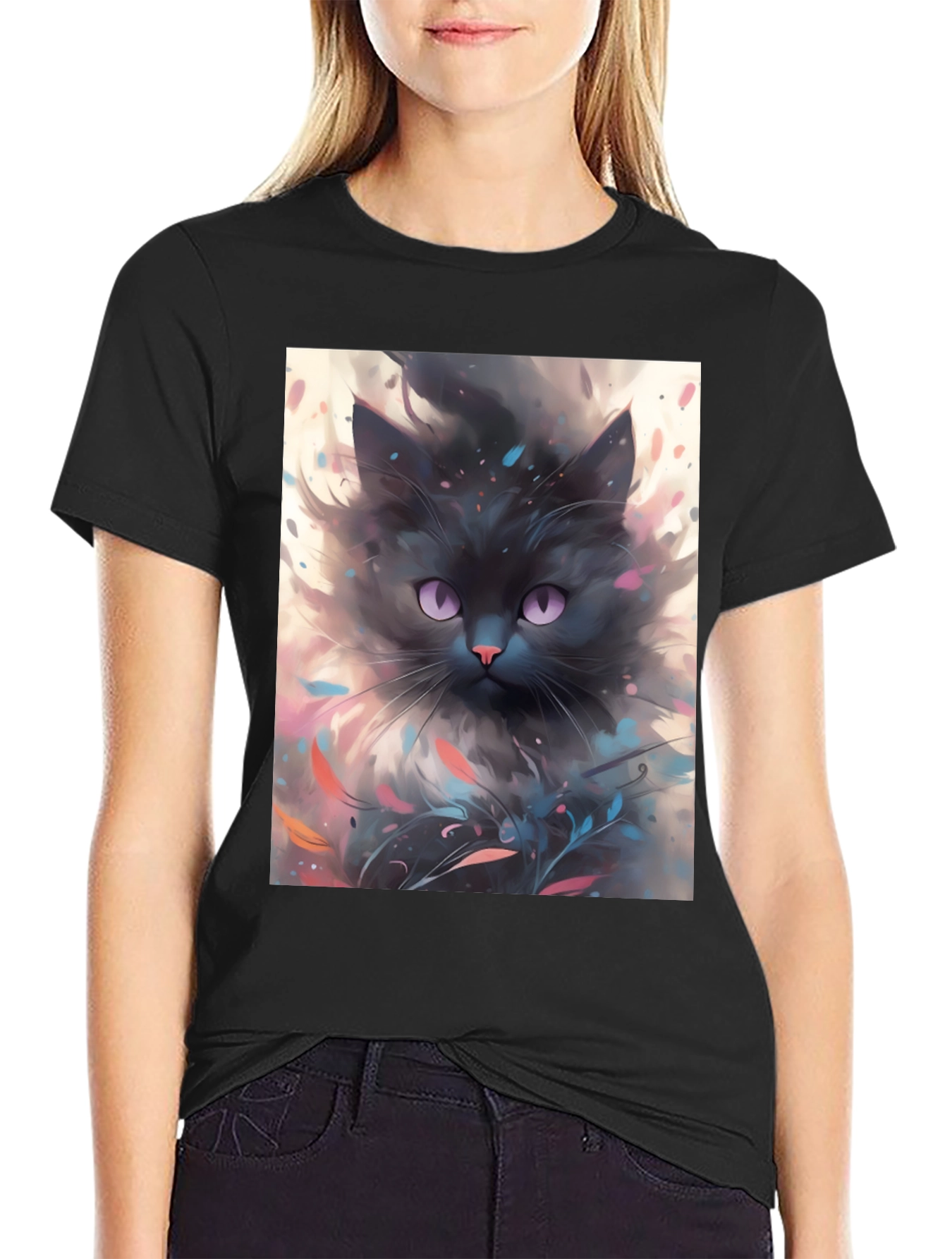 Black Cat T-Shirt - Artsy Feline Design