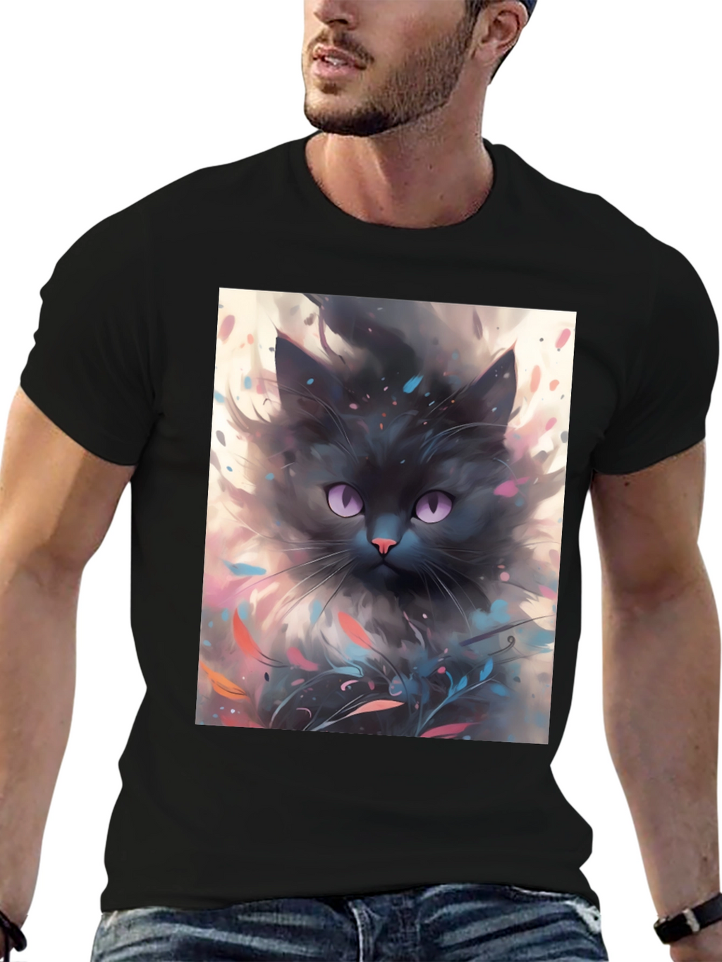 Black Cat T-Shirt - Artsy Feline Design