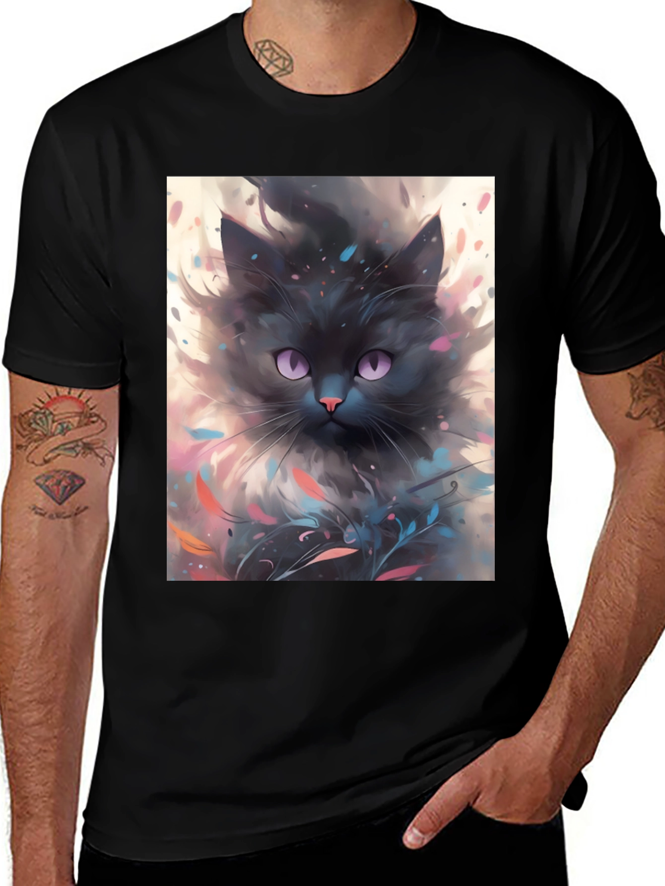 Black Cat T-Shirt - Artsy Feline Design