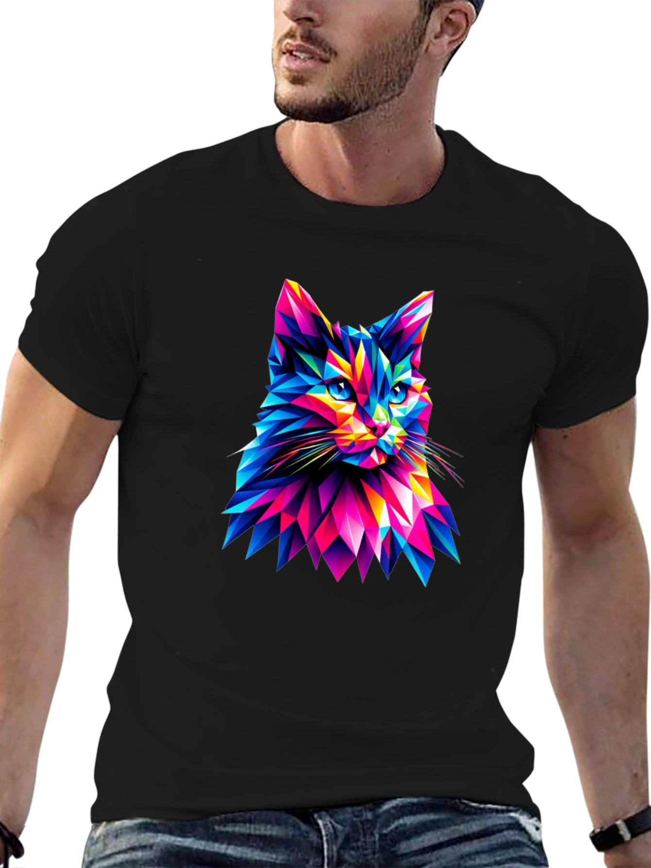 Abstract Geometric Cat Graphic Tee - Black