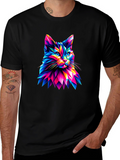 Abstract Geometric Cat Graphic Tee - Black