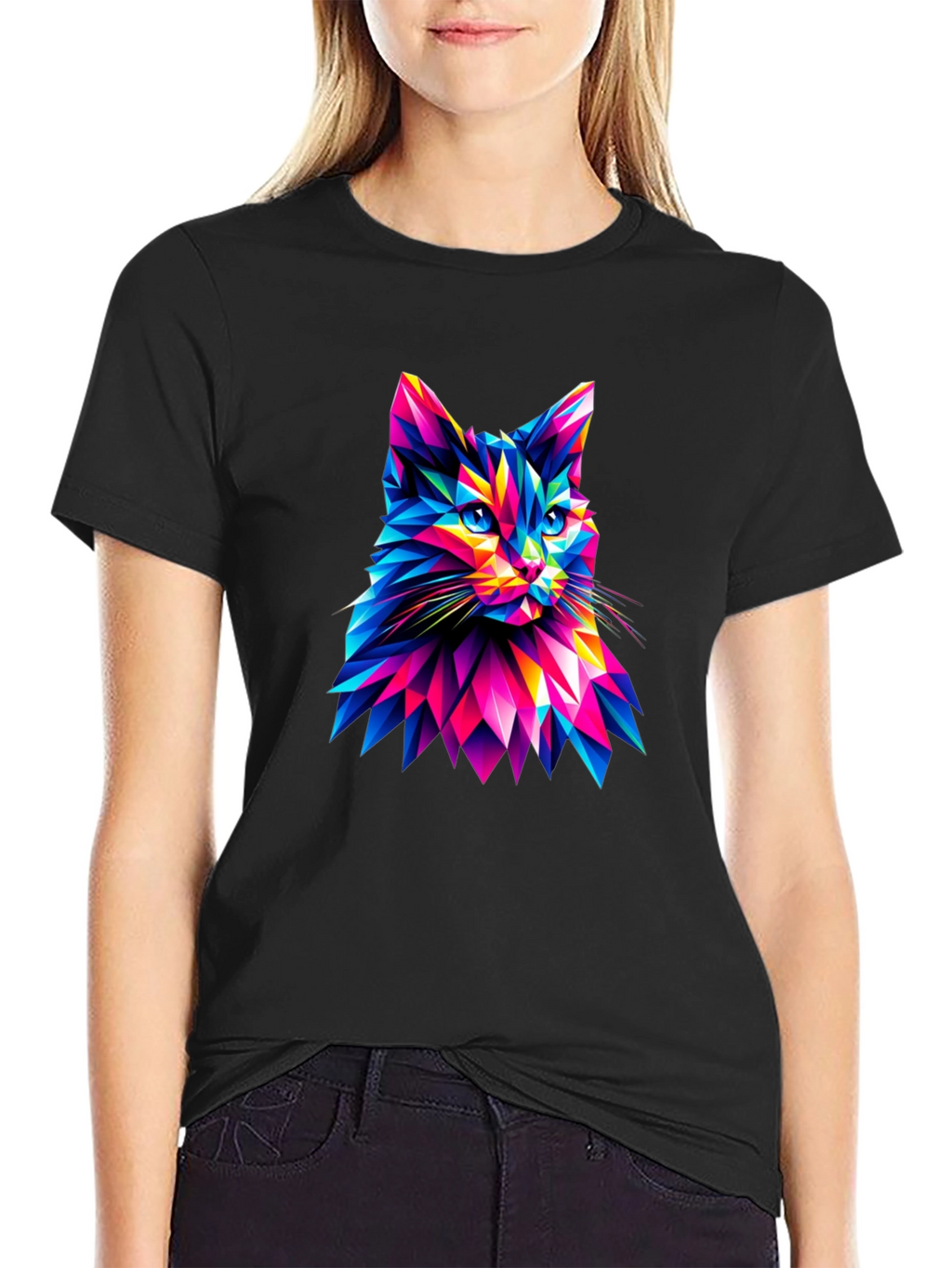 Abstract Geometric Cat Graphic Tee - Black