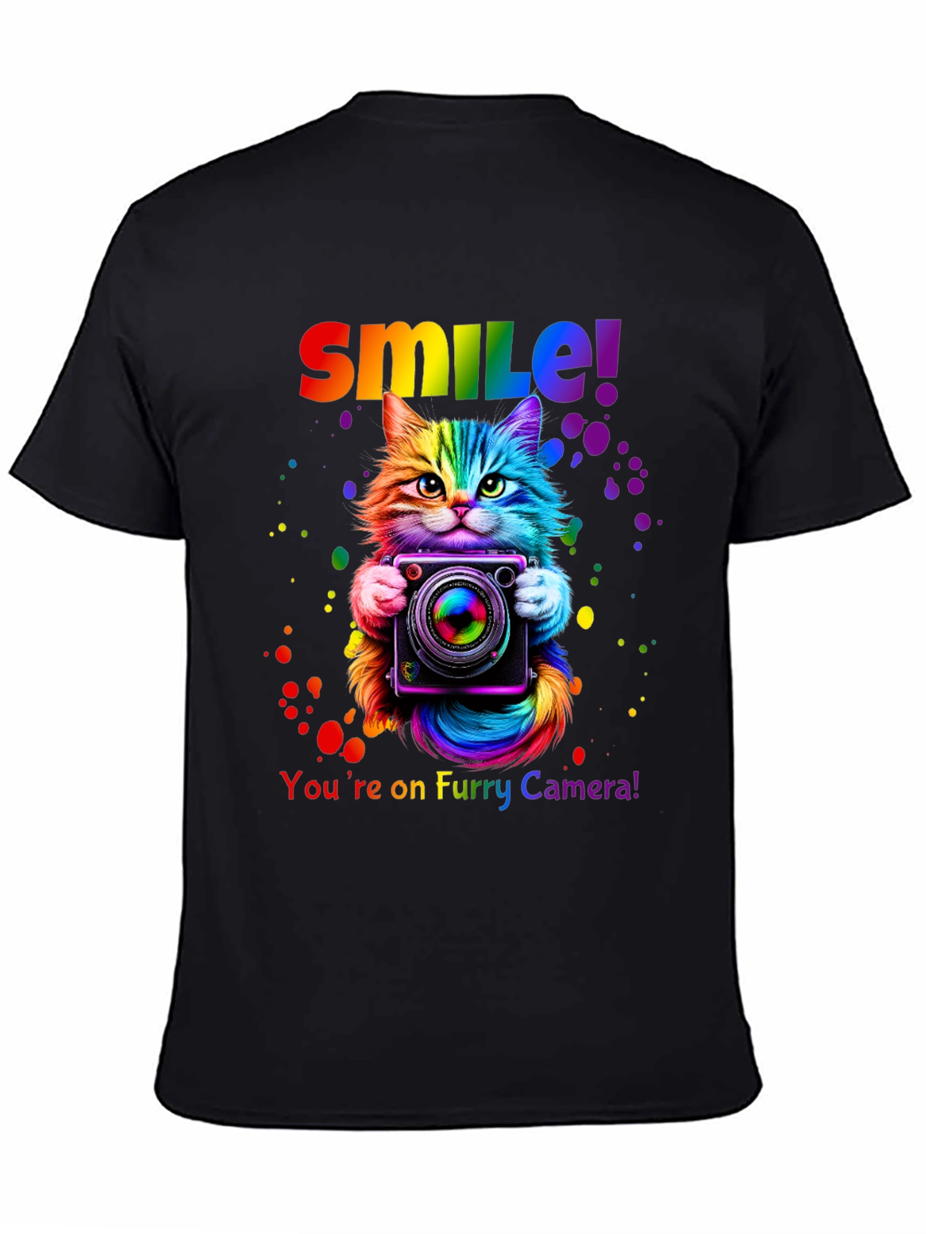 Rainbow Cat Camera T-Shirt - Smile Furry Photography Tee