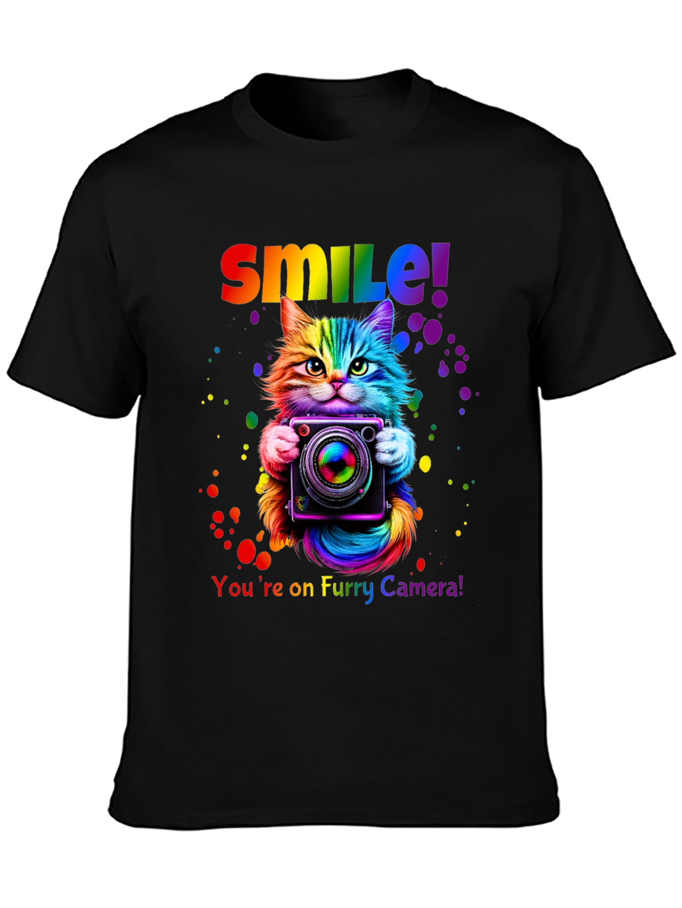 Rainbow Cat Camera T-Shirt - Smile Furry Photography Tee