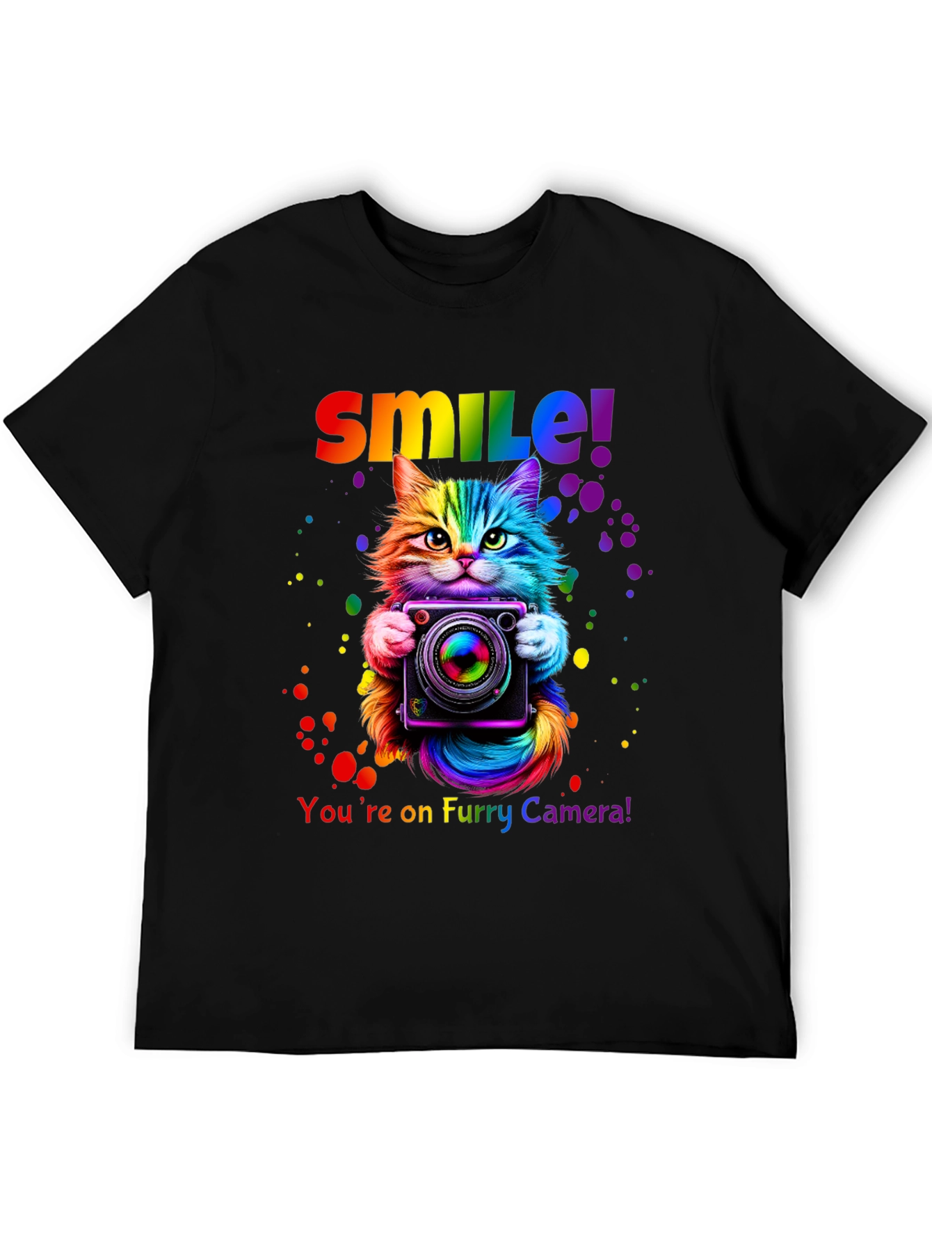 Rainbow Cat Camera T-Shirt - Smile Furry Photography Tee