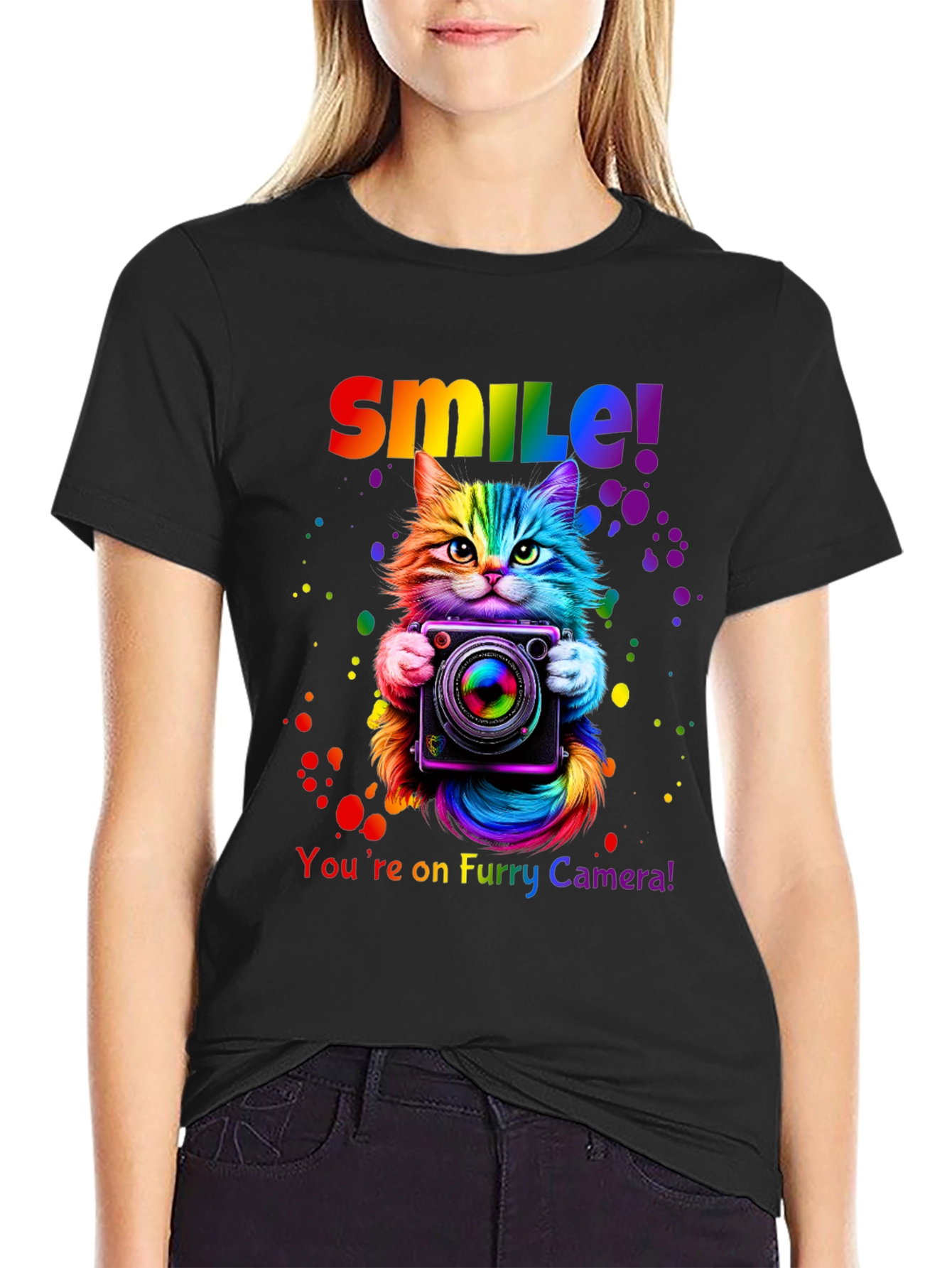 Rainbow Cat Camera T-Shirt - Smile Furry Photography Tee