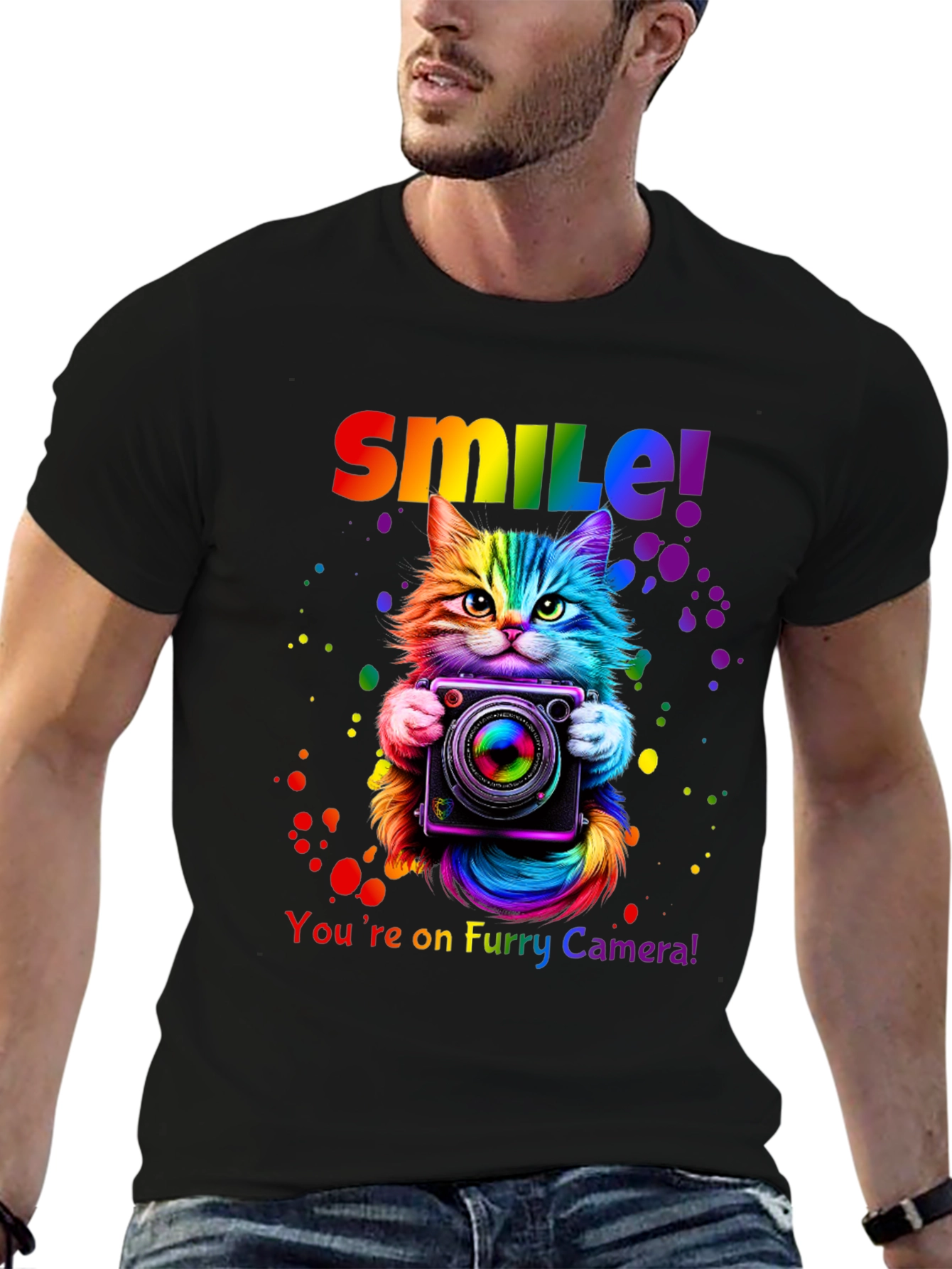 Rainbow Cat Camera T-Shirt - Smile Furry Photography Tee